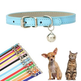 Light Blue Small Dog Collar with Bell, Faux Leather Puppy Collar with Bells Pu Basic Boy Dog Collars for XXS XSmall Small Medium Pet Male Dogs Little Cats Tiny Animal, S