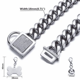 RUMYPET Silver Dog Collar 10MM/14MM/18MM Cuban Link Chain Choke Collar with CZ Buckle,Dog ID Tag and Dog Bell Sturdy Chew Proof for Puppy American Pitbull German Shepherd(18mm,26inch)