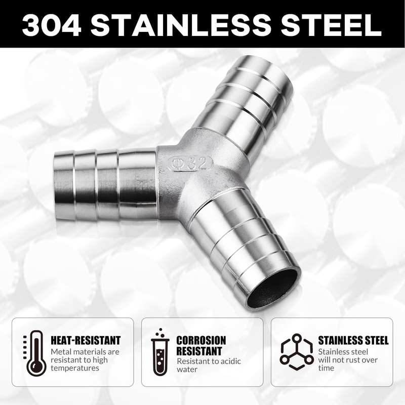 304 Stainless Steel 1" Barb x 1" Barb 3 Way
