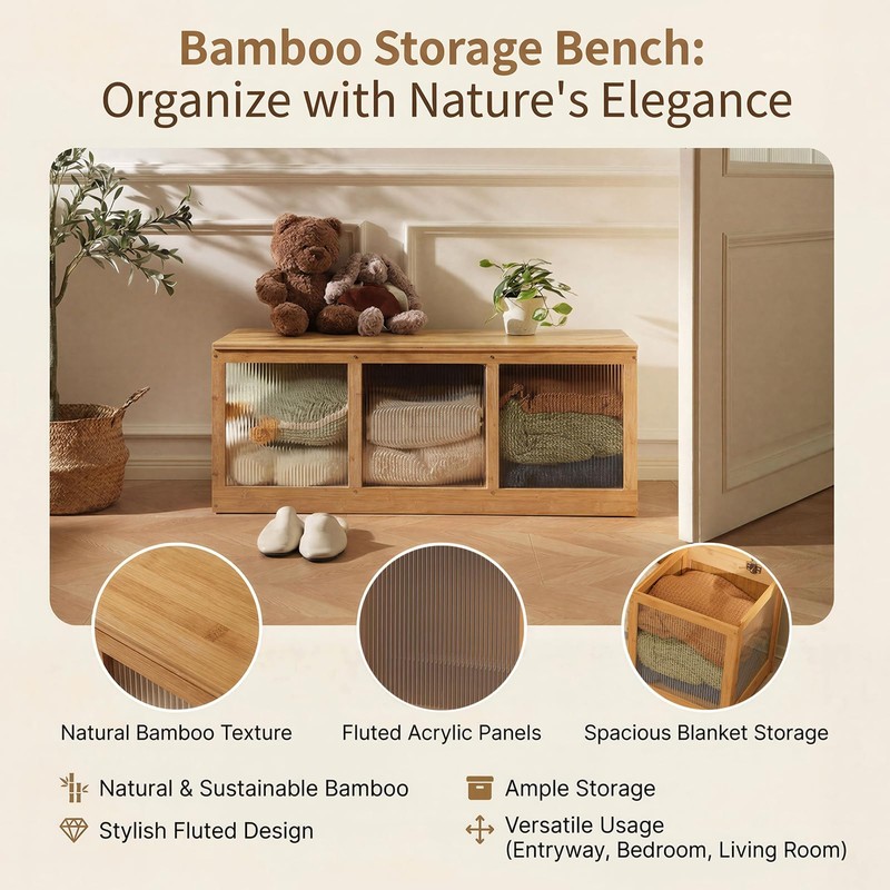 ZHUMUJIAJU Bamboo Shoe Storage Bench with Acrylic Panels for Entryway