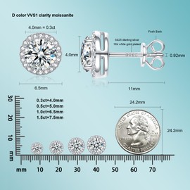 Unicoring Moissanite Earrings Studs for Women, Round Cut D Color VVS1 Clarity Lab Created Diamond Studs Earrings for Men S925 Sterling Silver Plated with 18k White Gold Jewelry, Small, Sterling