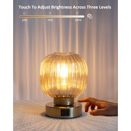Touch Control Small Table Lamp Set of 2, Elegant Gold Glass Bedside Lamp 3 Way Dimmable with USB C+A Charging Ports - Bedroom Nightstand & Living Room Essential, 4W Bulb Included