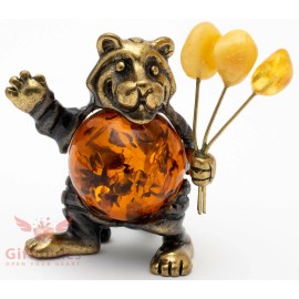 Solid Brass Amber Figurine of  tiger holding flowers or amber balloons IronWork