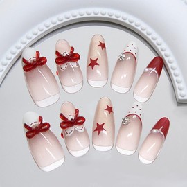 Press on Nails Medium Short Almond French Tip Fake Nails with White Red Bows Design Full Cover Glossy Acrylic Glue on Nails False Nails Thick Stick on Nails for Women 24Pcs Z1036