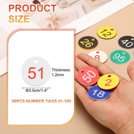 PATIKIL 50PCS Number Tags 51-100, Table Number Key Tags Plastic Numbered Keychain for Organizer Field Sales Hangers Clothes Labels ID, White