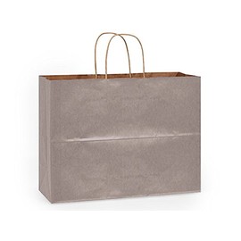 Pack Of 25, Metallic Silver Kraft Paper Shopping Bags W/Serrated Edge Tops & Sturdy Paper Twisted Handles - Vogue 16 X 6 X 12" Solid Made In USA Great Wedding Gift Bags