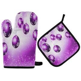 QUGRL Elegant Christmas Balls Oven Mitts and Pot Holders Sets Purple Xmas Ball Hot Pads Heat Resistant Cooking Gloves Handling Kitchen Cookware Bakeware BBQ