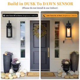 SNRU Dusk to Dawn Large Exterior Wall Lights 2-Pack, 17" Black Outdoor Wall Porch Lights Sconces with Tempered Glass, Waterproof Exterior Lighting Fixtures for Garage House, Bulb Not Included