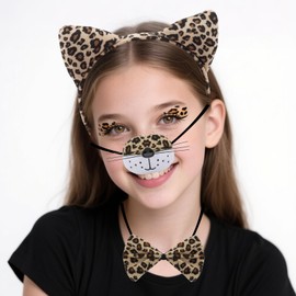 Moikolok Cheetah Cat Ears Headband, Leopard Tail, Bow Tie, Nose Cover, Cheetah Cat Costume Accessories Set of 4