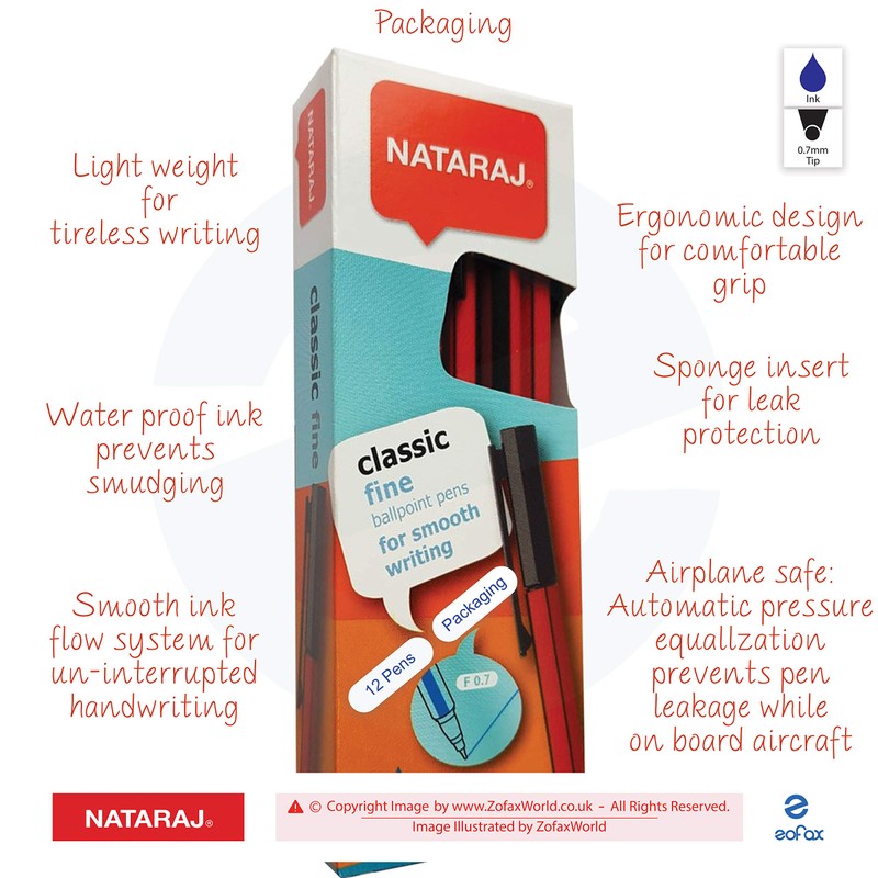 NATARAJ Classic Fine Point BLUE Ballpoint Pens (12 x 0.7mm