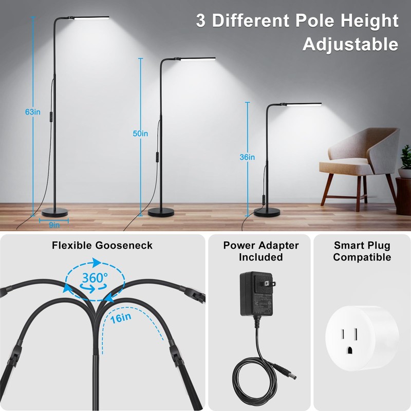 LED Floor Lamp, 18W/2000LM Bright Reading Floor Lamp for Office