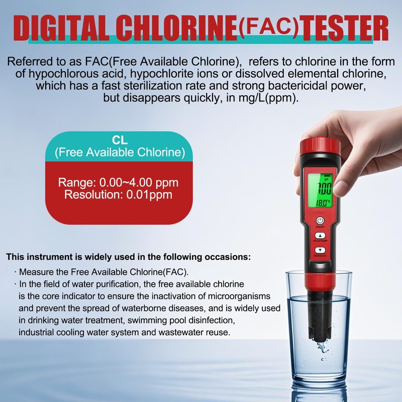 Homcoice pH Chlorine Meter 7-in-1, pH Chlorine Salt Content ORP