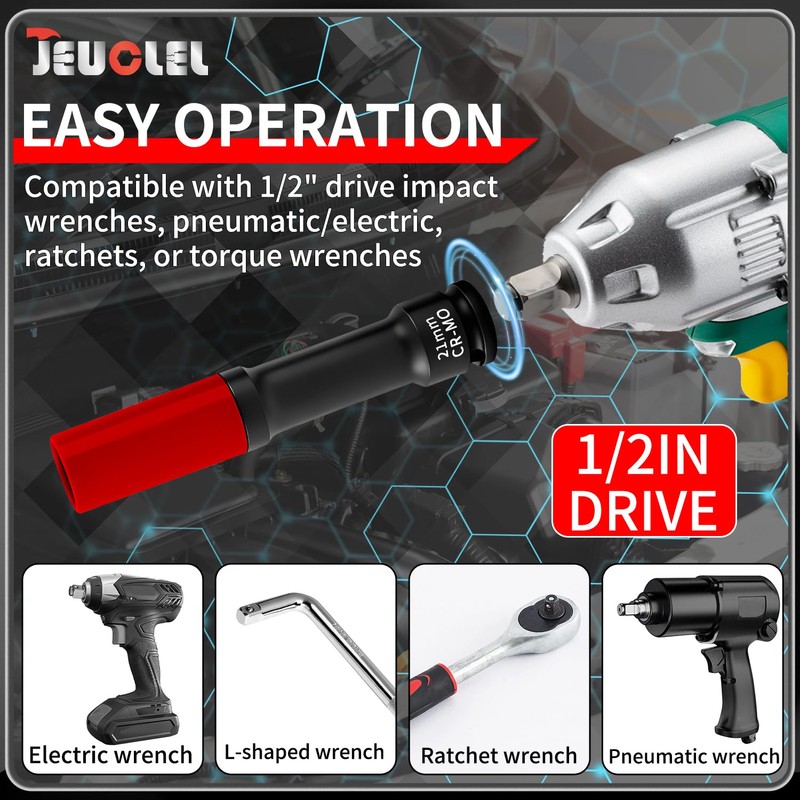 JEUCLEL 21mm 1/2"Extra-long Thin Wall Wheel Protector Impact Deep Socket,