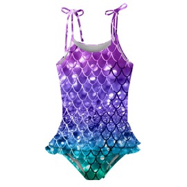 Girls Novelty Swimwear One Piece Size 5-6 Purple Mermaid Scales Ruffle Swimsuit UPF 50+ UV Strap One Piece Bathing Suit