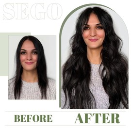 SEGO One Piece With 5 Clips 3/4 Full Head Standard Weft Synthetic Straight Hairpiece U-Shaped Clip in Hair Extensions 18 Inch, Dark Black