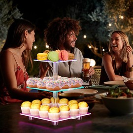 LED Acrylic Cupcake Stand, 3 Tier Cupcake Stand with Rechargeable Light, Clear Cupcake Tower Stand 24 Cupcakes, 7 Color Cupcake Display Stands for Weddings, Birthdays,Party,Graduation
