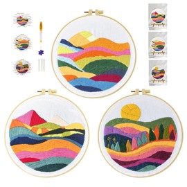 cukol cukol 3pcs Embroidery Kit, Easy Mountain Landscape Embroidery Starter Patterns Kits Set for Adults Beginners Including Pattern Cloth, Color Thread, Needles, Hoop, Scissors, Instructions