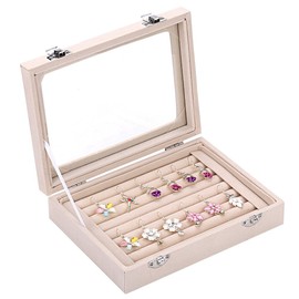 LANTWOO Velvet Glass Jewelry Display Storage Box Ring Earrings Jewelry Box Ring Holder Case, 2 clasps