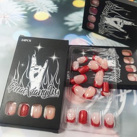 Christmas Snowflake Press on Nails Sparkly French Tips Acrylic Fake Nails Short Square Glossy Red Glitter False Nails Snowing Stick on Nails Xmas Gel Glue on Nails for Coquette Women Girls 24 Pcs