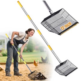 Chicken Poop Scooper with Rake for Sand -12" Extra Wide Deep Shovel Sifter, 65" Back Saving Long Handle, Heavy Duty Pooper Litter Cleaning Tool for Chicken Coop, Large Dogs, Farm Animals