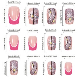 Press on Nails Medium Artificial Acrylic Nails White Daisy and Glitter Powder Design French False Nails Spring Flower Fake Nails Full Cover Reusable Coffin Nails Glue on Nails for Women Kit 24Pcs