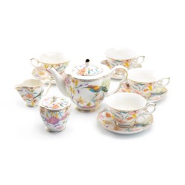 Grace's Teaware Grace Teaware Spring Flowers with Hummingbird Fine Porcelain Fluted Cups Tea Set