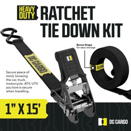 DC Cargo Mall Ratchet Straps Tie Downs 4 Pack (1,800 LB Break Strength) 1" x 15 Feet Tie Down Straps with Safety Lock S Hooks for Cargo, Trucks, Appliances, Moving.