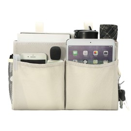 Organizador de litera, organizador de cama colgante para mesita de noche, bolsa de almacenamiento con 4 bolsillos y 2 ganchos, para dormitorios universitarios, camas de hospital, barandillas de cama de bebé, tela Oxford 600D (beige)