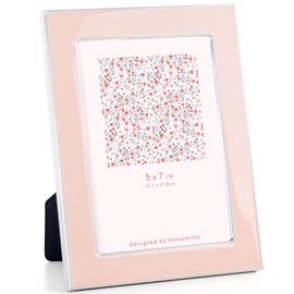 Venusmiles 5x7 Enamel Picture Frame, Silver Metal Edge with Easel, Real Glass Photo Frame for Wall and Tabletop Display Family Office Photo Gallery, Pink Enamel/1pc