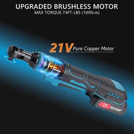 3/8'' Cordless Ratchet Wrench, 74FT-LBS (100N.m) Electric Ratchet with 21V 2 X 2.0Ah Battery, 400 RPM Chargeable Power Ratchet Driver Set with 8 Sockets,1/4 Adaptor, 3" Extension Bar，Brushless Motor