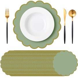 50 Pcs Sage Green Paper Placemats, 13.5 Inch Disposable Scalloped Placemat, Decorative Round Table Place Mats for Birthday, Wedding, Bridal Shower, Baby Shower, Tea Party, Dining Tableware