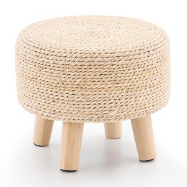 Wimarsbon Round Foot Stool Natural Seagrass Poufs Ottoman Hand Weave Footrest Stool for Couch Desk Extra Seat Step Stool with Solid Wood Legs for Hallway Patio Lounge Natural