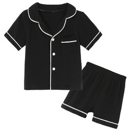 JWWN Kids Short Sleeve Pajama Set 100% Cotton Button Down Sleepwear Toddler Girls Boys Summer Soft Lounge Set (Black,3Years)