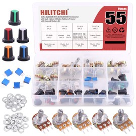 Hilitchi 30 Pcs Complete Models Potentiometer Assortment Kit with 1K-500K Ohm Knurled Shaft 3 Terminals Linear Taper Rotary Potentiometer w Knob Nuts and Washers and 5 Values Trimmer Potentiometer