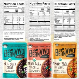 BeanVIVO - Variety 6 Pack (10 oz each) - Organic Baja Black Beans, Three Bean Vegan Chili, BBQ Pinto Beans - Seasoned & Ready to Eat, Plant Protein, Vegan, Gluten Free, Microwaveable, Instant Meals