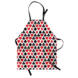 Lunarable Casino Apron, Card Suits Pattern with Clubs Diamond Shapes Hearts Spades Poker Gamble Theme, Unisex Kitchen Bib with Adjustable Neck for Cooking Gardening, Adult Size, Vermilion Black