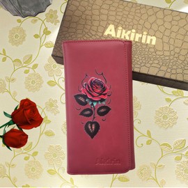 Aikirin RFID Leather Wallet for Women Painted Bifold Long Ladies Clutch Purse Credit Cards Holder Coin Pocket - 16 Card Slots (dark red-rose)