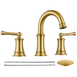 Hangoro Widespread Bathroom Faucet, Brush Gold 2-Handle Faucets for Bathroom Sink, Rough-in Valve & Pop Up Drain Included, Touch On Bathroom Faucets for Vanity, Lavatory, Bathroom(L2304-BG)