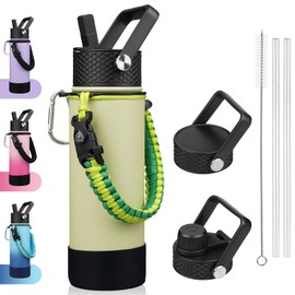 BJPKPK Insulated Water Bottle with Straw Lid, 22oz Thermos Water Bottles with 3 Lids, Paracord Handle & Non-slip Boot, BPA Free Leak Proof Stainless Steel Tumblers,Macaron Green