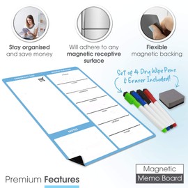 TMS A4 Magnetic Weekly Planner for Fridge | Dry Erase Memo Board, Blue Whiteboard | Dry Wipe Meal Planner, Calendar and Shopping List for Kitchen or Office | for Notes and Daily Reminders (Blue, A4)