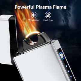 SKRFIRE Electric Candle Rechargeable USB Lighter Plasma Arc Big Flame Lighters with LED Battery Indication for Ignition, Candle, Incense, BBQ (Silver)