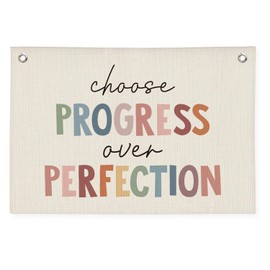 Wheatwin Positive Motivational Wall Decor, Progress Over Perfection Banner, Boho Classroom Decor, Linen Banner Wall Hanging Canvas Banner Flag Decor for School Playroom Classroom