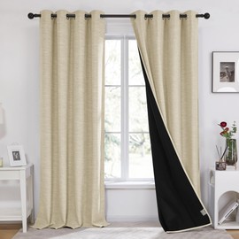 Deconovo Faux Linen Total Blackout Curtains Grommet Noise Reducing Panels with Black Backing,Beige,52Wx84L in,2 Panels