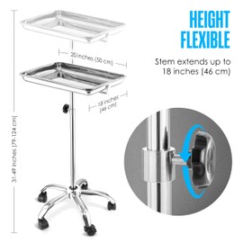 Houseables Mayo Stand, Medical Tray on Wheels, Mayo Stand With Wheels, Mayo Tray, Stainless Steel, Rolling, Sterile For Tattoo, Esthetician, Hairstylist, Hair Salon, Stylist, Adjustable Height 31"-49”