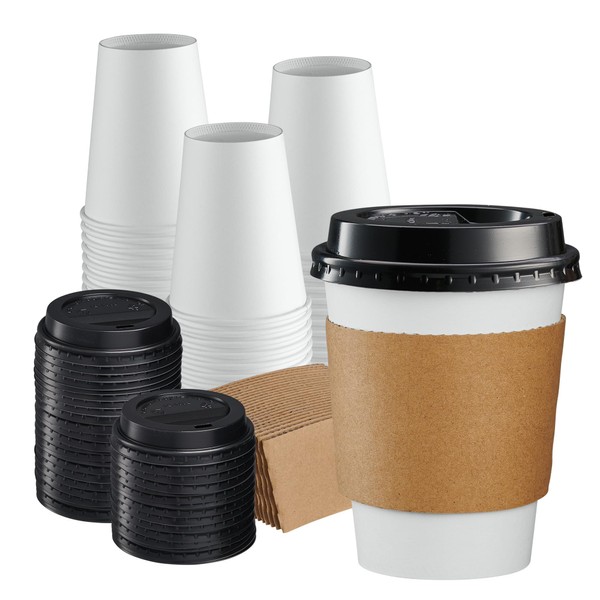 Comfy Package [100 Sets - 12 oz. Disposable Coffee Cups with Lids, Sleeves, Stirrers - To Go Paper Hot Cups