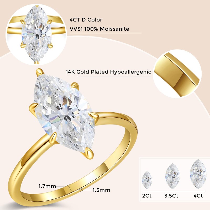 LOIPURI 4CT Marquise Moissanite Engagement Ring for Women
