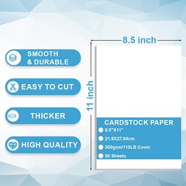 Cardstock Paper - Plain Heavy Bright White Stock, 110lb(300 gsm) Cover Thick Cardstock Paper, 8.5" x 11", 50 Sheets, Inkjet/Laser Printer Compatible