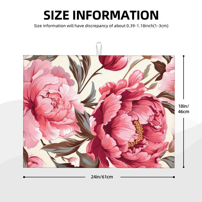 Pink Peony Dish Drying Mats for Kitchen Counter, Absorbent Reversible