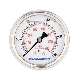 MEASUREMAN 2-1/2" Dial Size, Glycerin Filled Pressure Gauge, 0-100psi/kpa, 304 Stainless Steel Case, 1/4" NPT Center Back Mount