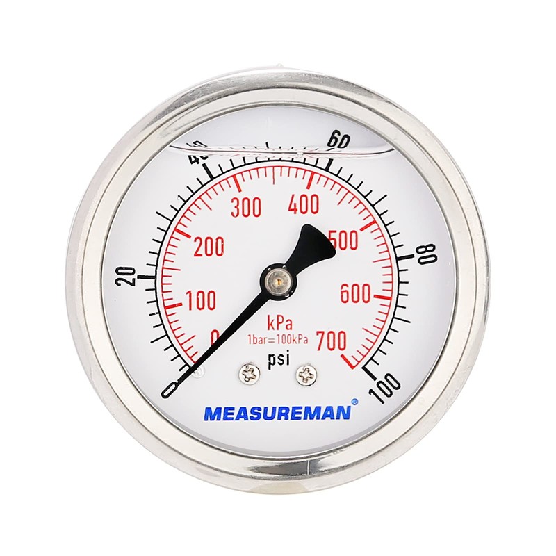 MEASUREMAN 2-1/2" Dial Size, Glycerin Filled Pressure Gauge, 0-100psi/kpa, 304